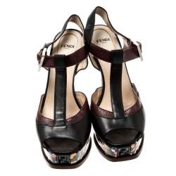 Pre Owned Fendi Multicolor Embossed Lizard Leather T Strap Platform Sandals Size 38