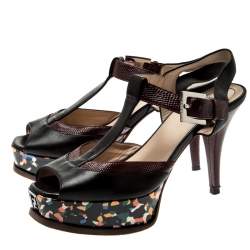 Pre Owned Fendi Multicolor Embossed Lizard Leather T Strap Platform Sandals Size 38