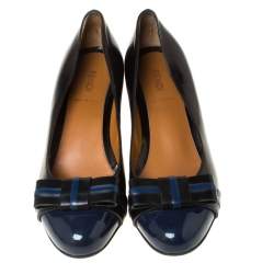 Pre Owned Fendi Black/Blue Leather Cap Toe Bow Detail Pumps Size 38.5
