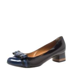 Pre Owned Fendi Black/Blue Leather Cap Toe Bow Detail Pumps Size 38.5