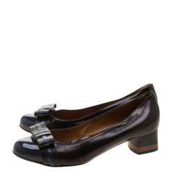 Pre Owned Fendi Black/Blue Leather Cap Toe Bow Detail Pumps Size 38.5