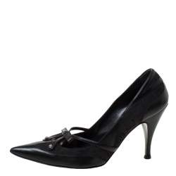 Pre Owned Fendi Black Leather And Canvas Pointed Toe Pumps Size 38
