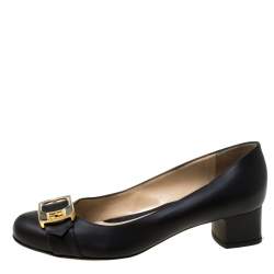 Pre Owned Fendi Black Leather Chameleon Buckle Block Heel Pumps Size 38.5