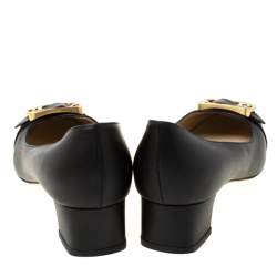 Pre Owned Fendi Black Leather Chameleon Buckle Block Heel Pumps Size 38.5