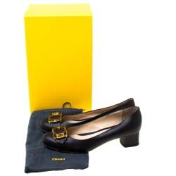 Pre Owned Fendi Black Leather Chameleon Buckle Block Heel Pumps Size 38.5