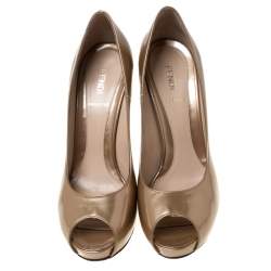 Pre Owned Fendi Beige Patent Leather Zucchino Heel Peep Toe Platform Pumps Size 40.5