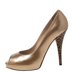 Pre Owned Fendi Beige Patent Leather Zucchino Heel Peep Toe Platform Pumps Size 40.5