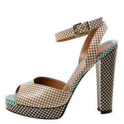 Pre Owned Fendi Multicolor Checkerboard Leather Ankle Strap Peep Toe Sandals Size 39