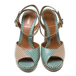 Pre Owned Fendi Multicolor Checkerboard Leather Ankle Strap Peep Toe Sandals Size 39