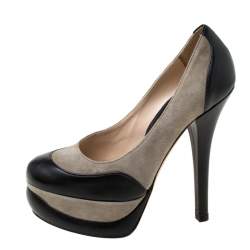 Pre Owned Fendi Black/Grey Suede and Leather Platform Pumps Size 35