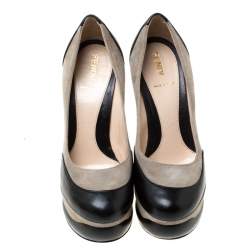 Pre Owned Fendi Black/Grey Suede and Leather Platform Pumps Size 35