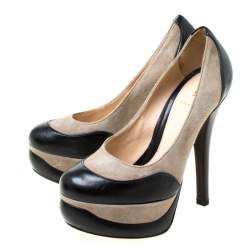 Pre Owned Fendi Black/Grey Suede and Leather Platform Pumps Size 35