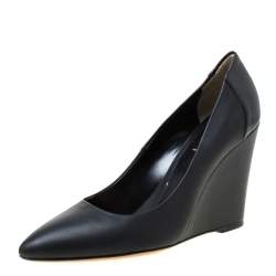 Pre Owned Fendi Black Leather Pointed Toe Wedge Pumps Size 39