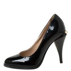 Pre Owned Fendi Black Patent Leather Logo Heel Pumps Size 35