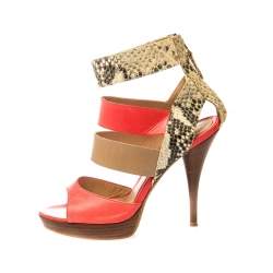 Fendi Tricolor Leather And Python Leather Ankle Strap Platform Sandals Size 37