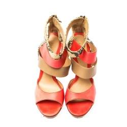 Fendi Tricolor Leather And Python Leather Ankle Strap Platform Sandals Size 37