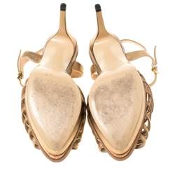 Pre Owned Fendi Metallic Dull Gold Leather T Strap Platform Sandals Size 37.5