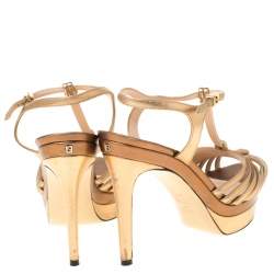 Pre Owned Fendi Metallic Dull Gold Leather T Strap Platform Sandals Size 37.5