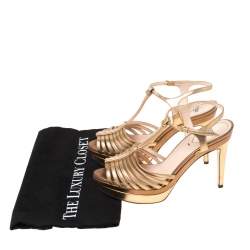 Pre Owned Fendi Metallic Dull Gold Leather T Strap Platform Sandals Size 37.5