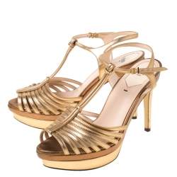 Pre Owned Fendi Metallic Dull Gold Leather T Strap Platform Sandals Size 37.5