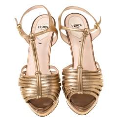 Pre Owned Fendi Metallic Dull Gold Leather T Strap Platform Sandals Size 37.5