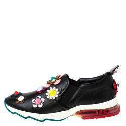 Pre Owned Fendi Black Leather Flowerland Ffast Slip On Sneakers Size 40