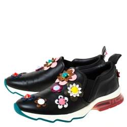 Pre Owned Fendi Black Leather Flowerland Ffast Slip On Sneakers Size 40