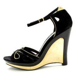 Fendi Black Metallic Suede Wedge Sandals Size 38.5