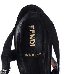 Pre Owned Fendi Black Satin Embellished Bow Slingback Sandals Size 38.5