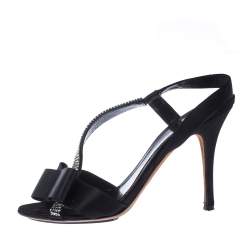 Pre Owned Fendi Black Satin Embellished Bow Slingback Sandals Size 38.5