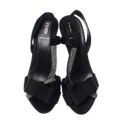 Pre Owned Fendi Black Satin Embellished Bow Slingback Sandals Size 38.5