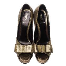 Pre Owned Fendi Metallic Gold Brocade Fabric Deco Peep Toe Bow Platform Pumps Size 37.5