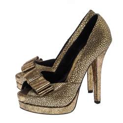 Pre Owned Fendi Metallic Gold Brocade Fabric Deco Peep Toe Bow Platform Pumps Size 37.5