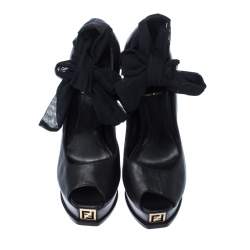 Pre Owned Fendi Black Leather Ankle Warp Peep Toe Pumps Size 36.5