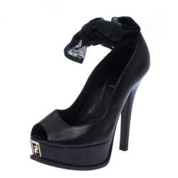 Pre Owned Fendi Black Leather Ankle Warp Peep Toe Pumps Size 36.5