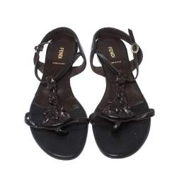 Pre Owned Fendi Brown Leather T Strap Flat Sandals Size 41