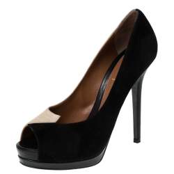 Pre Owned Fendi Black/Beige Suede Peep Toe Pumps Size 39