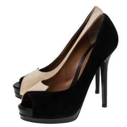 Pre Owned Fendi Black/Beige Suede Peep Toe Pumps Size 39