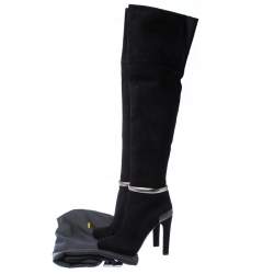 Pre Owned Fendi Black Suede Leather Platform Knee Length Boots Size 37.5
