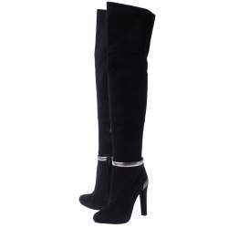 Pre Owned Fendi Black Suede Leather Platform Knee Length Boots Size 37.5