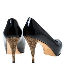 Pre Owned Fendi Black Patent Leather Logo Heel Platform Pumps Size 37.5