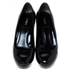 Pre Owned Fendi Black Patent Leather Logo Heel Platform Pumps Size 37.5