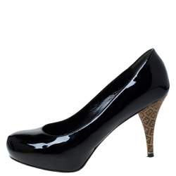 Pre Owned Fendi Black Patent Leather Logo Heel Platform Pumps Size 37.5