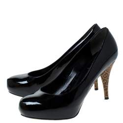 Pre Owned Fendi Black Patent Leather Logo Heel Platform Pumps Size 37.5