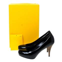 Pre Owned Fendi Black Patent Leather Logo Heel Platform Pumps Size 37.5