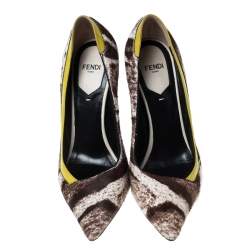 Pre Owned Fendi Brown/Beige Printed Pony Hair And Patent Leather Trim Pointed Toe Pumps Size 36