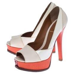 Pre Owned Fendi White Patent Leather And Lizard Embossed Leather Fendista Peep Toe Platform Pumps Size 36