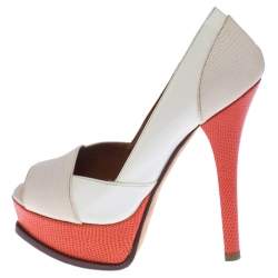 Pre Owned Fendi White Patent Leather And Lizard Embossed Leather Fendista Peep Toe Platform Pumps Size 36