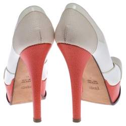 Pre Owned Fendi White Patent Leather And Lizard Embossed Leather Fendista Peep Toe Platform Pumps Size 36