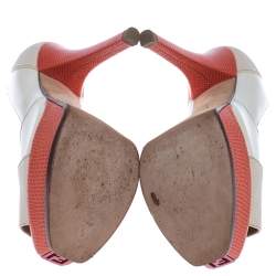 Pre Owned Fendi White Patent Leather And Lizard Embossed Leather Fendista Peep Toe Platform Pumps Size 36